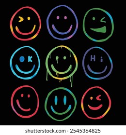 Smile Emojis Set Colorful on black background