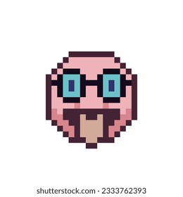 Smile emoticon in blue glasses shows tongue pixel art icon, tease emoticon, cute face, cartoon character. 8-bit style. Isolated abstract colorful vector illustration. 