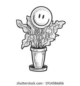 Smile Emoticon grow on flower plant sketch engraving vector illustration. T-shirt apparel print design. Scratch board imitation. Black and white hand drawn image.