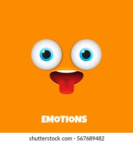 Smile emoticon. Show tongue happy emoji face isolated on orange background.