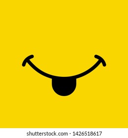 Smile emoticon show tongue mouth on yellow background. Yummy emoji tasty or hungry smile. Vector illustration.