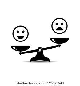 Smile emoticons different mood on scales, vector icon. Positive attitude as advantage. Happiness versus sadness.