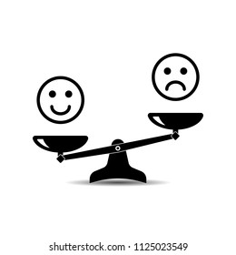 Smile emoticons different mood on scales, vector icon. Positive attitude as advantage. Happiness versus sadness.