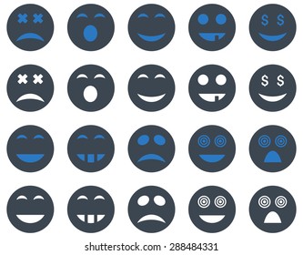 Smile and emotion icons. Vector set style: bicolor flat images, smooth blue symbols, isolated on a white background.