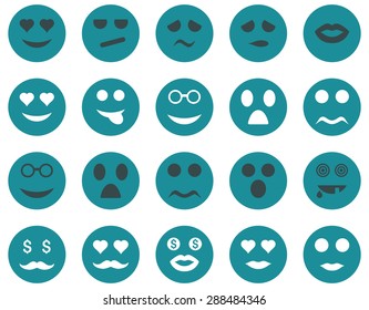 Smile and emotion icons. Vector set style: bicolor flat images, soft blue symbols, isolated on a white background.