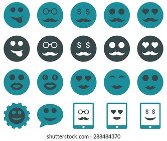 Smile and emotion icons. Vector set style: bicolor flat images, soft blue symbols, isolated on a white background.