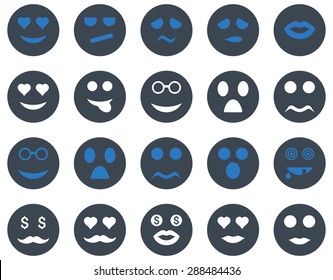 Smile and emotion icons. Vector set style: bicolor flat images, smooth blue symbols, isolated on a white background.