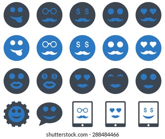 Smile and emotion icons. Vector set style: bicolor flat images, smooth blue symbols, isolated on a white background.