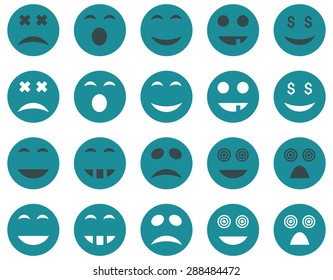 Smile and emotion icons. Vector set style: bicolor flat images, soft blue symbols, isolated on a white background.