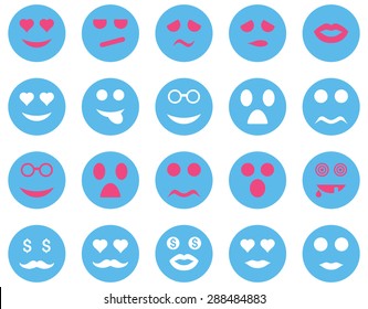 Smile and emotion icons. Vector set style: bicolor flat images, pink and blue symbols, isolated on a white background.