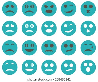 Smile and emotion icons. Vector set style: bicolor flat images, grey and cyan symbols, isolated on a white background.