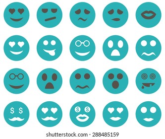 Smile and emotion icons. Vector set style: bicolor flat images, grey and cyan symbols, isolated on a white background.