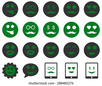 Smile and emotion icons. Vector set style: bicolor flat images, green and gray symbols, isolated on a white background.