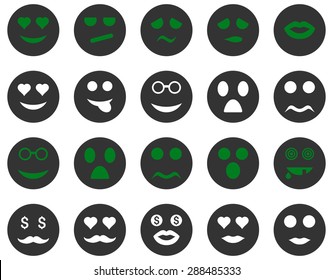 Smile and emotion icons. Vector set style: bicolor flat images, green and gray symbols, isolated on a white background.