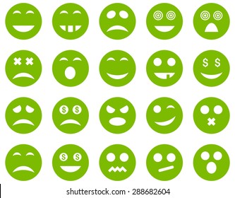 Smile and emotion icons. Vector set style: flat images, eco green symbols, isolated on a white background.