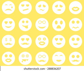 Smile and emotion icons. Vector set style: flat images, white symbols, isolated on a yellow background.