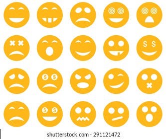 Smile and emotion icons. Vector set style: flat images, yellow symbols, isolated on a white background.