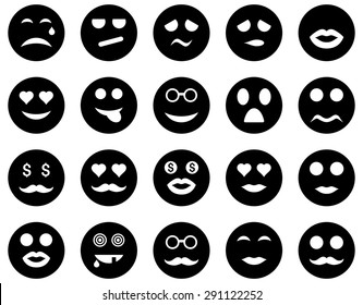 Smile and emotion icons. Vector set style: flat images, black symbols, isolated on a white background.
