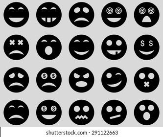 Smile and emotion icons. Vector set style: flat images, black symbols, isolated on a light gray background.