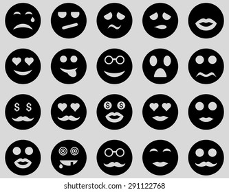 Smile and emotion icons. Vector set style: flat images, black symbols, isolated on a light gray background.