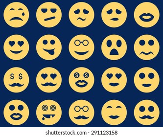 Smile and emotion icons. Vector set style: flat images, yellow symbols, isolated on a blue background.