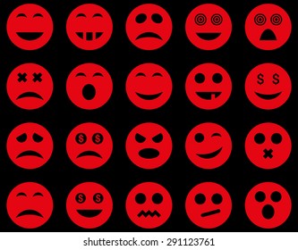 Smile and emotion icons. Vector set style: flat images, red symbols, isolated on a black background.