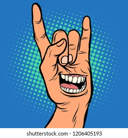 smile emotion, men hand rock gesture. Comic cartoon pop art retro vector illustration drawing