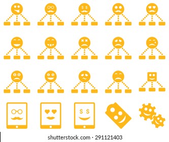 Smile, emotion, relations and tablet icons. Vector set style: flat images, yellow symbols, isolated on a white background.