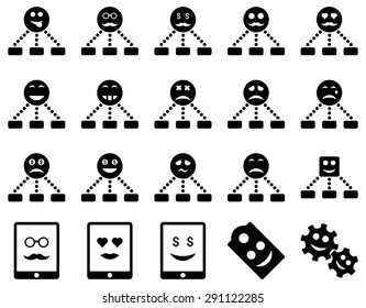 Smile, emotion, relations and tablet icons. Vector set style: flat images, black symbols, isolated on a white background.