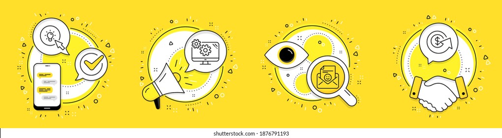 Smile, Energy and Settings line icons set. Cell phone, megaphone and deal vector icons. Dollar exchange sign. Positive mail, Turn on the light, Cogwheel tool. Money refund. Business set. Vector