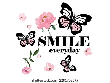 Smile everyday with butterfly and bloom flowers.Margaritha mariposa . illustration vector art