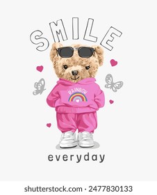 smile everyday slogan with cute bear doll in pink sweatsuit hand drawn vector illustration