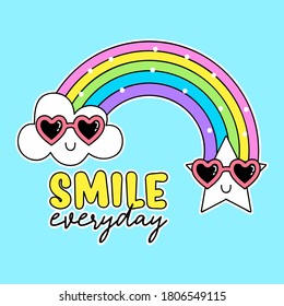 SMILE EVERYDAY TYPOGRAPHY, VECTOR ILLUSTRATION OF A COLORFUL RAINBOW, VECTOR OF A CLOUD WITH GLASSES, SLOGAN PRINT VECTOR