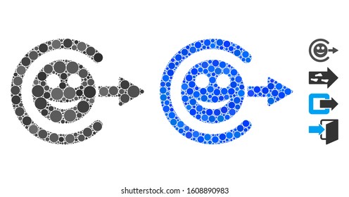 Smile exit composition of filled circles in various sizes and color tints, based on smile exit icon. Vector random circles are united into blue mosaic.