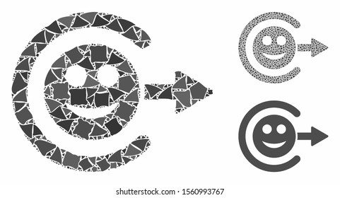 Smile exit composition of unequal parts in different sizes and color tinges, based on smile exit icon. Vector unequal parts are united into mosaic. Smile exit icons collage with dotted pattern.