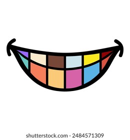 Smile expression, mouth eyes, tasty emoji, vector cartoon line style, toothless, Colourfull tooth.