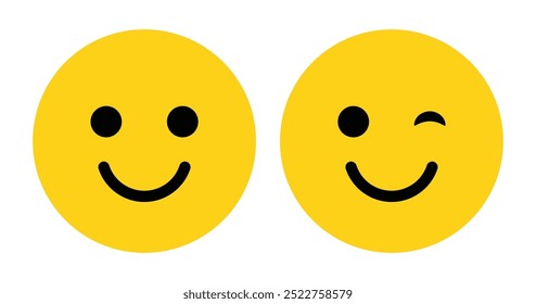 Emojis de rosto de sorriso ou piscar de olhos definidos em cores amarelas e pretas. Rosto Piscando. Emoji piscando o olho, emoticon amarelo engraçado com sorriso. Ícone de sorriso como vetor.