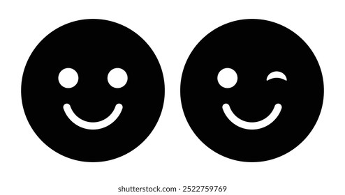 Sorriso ou olho pisca cara emoji smiley definido em preto e branco cor. Rosto Piscando. Emoji piscando o olho, emoticon engraçado com sorriso. Ícone de sorriso como vetor.