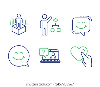 Smile face, Algorithm and Augmented reality line icons set. Faq, Smile chat and Hold heart signs. Chat, Developers job, Virtual reality. Web support. People set. Line smile face outline icons. Vector