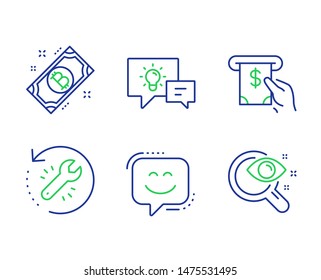 Smile face, Bitcoin and Idea lamp line icons set. Recovery tool, Atm service and Vision test signs. Chat, Cryptocurrency coin, Business energy. Backup info. Business set. Vector