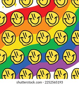 Smile face cartoon emotion seamless pattern wallpaper vector graphics background lgbt rights rainbow design for poster t-shirt