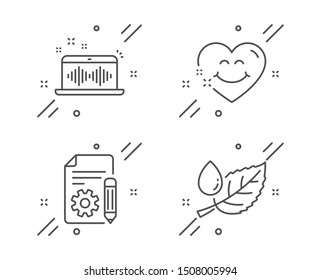 Smile face, Documentation and Music making line icons set. Leaf dew sign. Love heart, Project, Dj app. Water drop. Business set. Line smile face outline icon. Vector