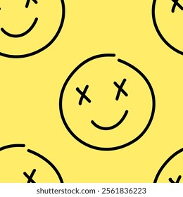 Smile Face Doodle on Yellow Background Seamless Pattern 