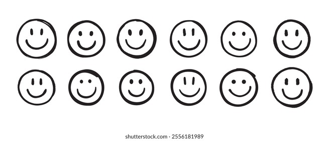 Smile face Doodle sketch style icon set. Smiling face hand drawn, happy emotion concept. Vector illustration