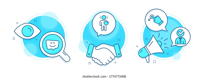 Smile face, Drag drop and Vacancy line icons set. Handshake deal, research and promotion complex icons. Friend sign. Chat, Move, Businessman concept. Love. People set. Vector