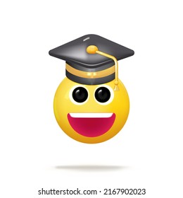 Smile face emotion wear a college cap, graduation cap, mortar board. Education, degree ceremony concept. 3d vector illustration. Cartoon minimal style.

