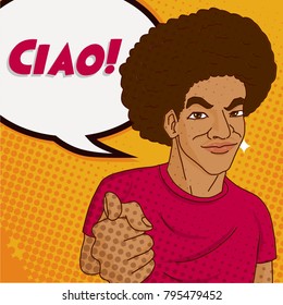Smile face Expression. Pop art man. Young Black surprised man with oCurly hair. Vector illustration in retro comic style. Vector pop art background.