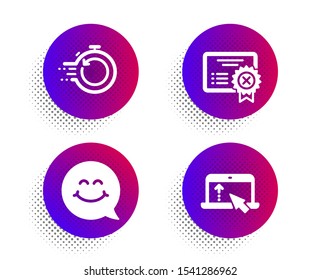 Smile face, Fast recovery and Reject certificate icons simple set. Halftone dots button. Swipe up sign. Chat, Backup timer, Decline file. Scroll screen. Technology set. Vector