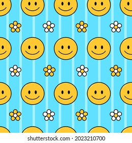 Smile face and flowers seamless pattern. Vector hand drawn doodle cartoon character illustration.Smile hippie face,flowers for t-shirt,poster,card seamless pattern concept