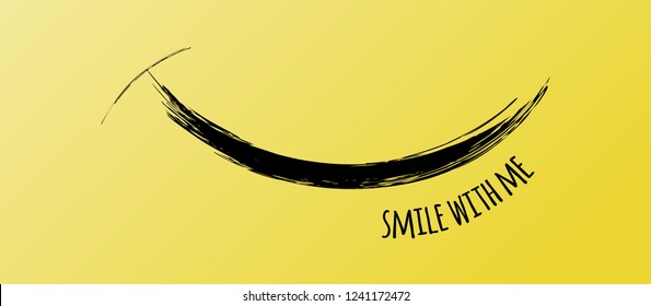 Smile Face from Funny Black Brush Stroke, Vector Horizontal Banner. Smile With Me Quote. Inspirational and Motivational Graphic Illustration with Black Texture on Yellow. Enjoy Card.